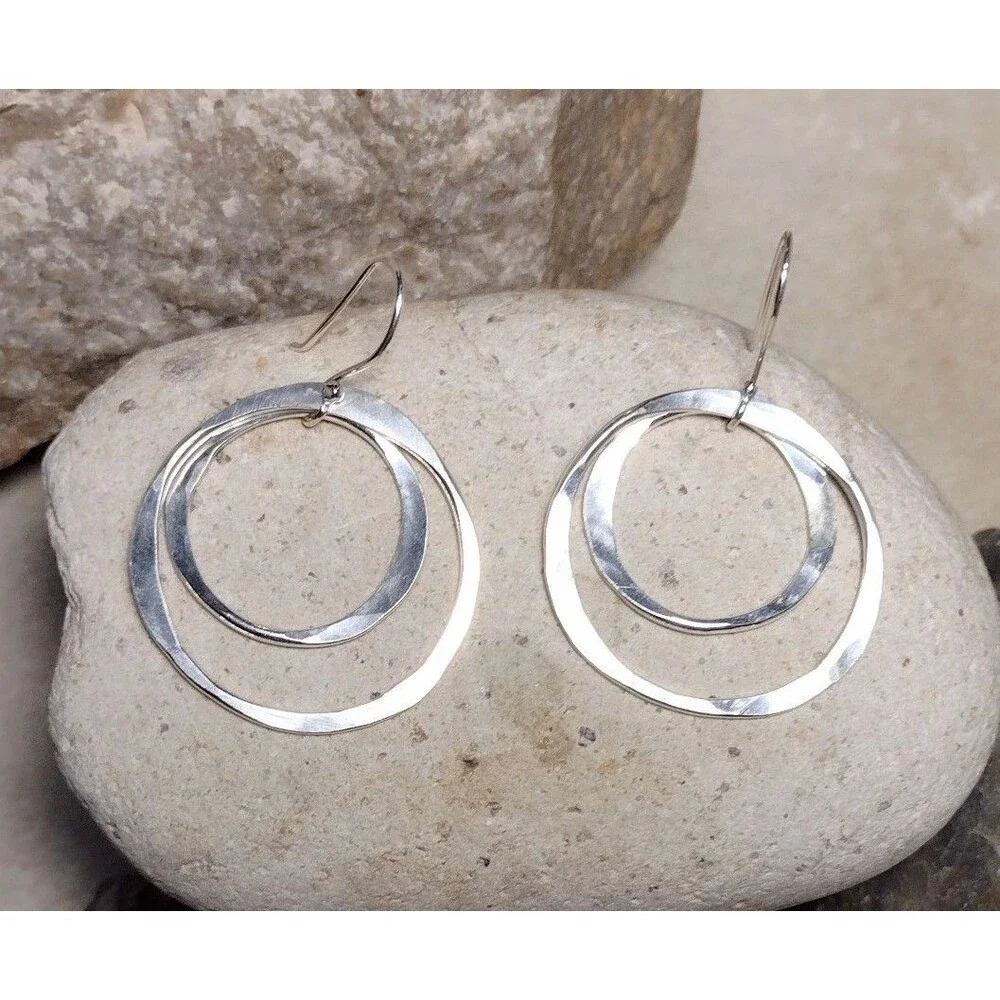 Hammered Sterling Silver 925 Double Hoop Circle Dangle Earrings 2